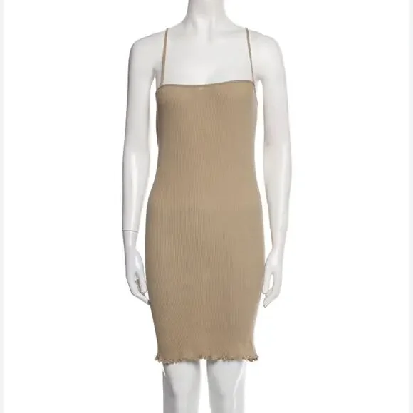 Priscavera Tan Ribbed Square Neck Mini Dress Womens S Strappy Summer Casual